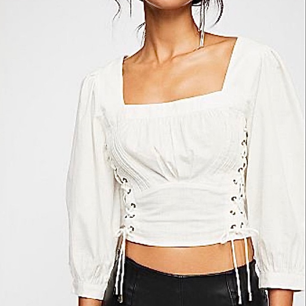 RARE EXC • Free People Lace-Up Milkmaid Crop Blouse in White •